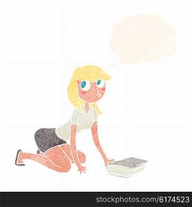 cartoon girl picking up book with thought bubble
