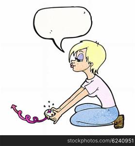 cartoon girl playing computer games with speech bubble