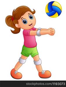 Cartoon girl playing volleyball on a white background