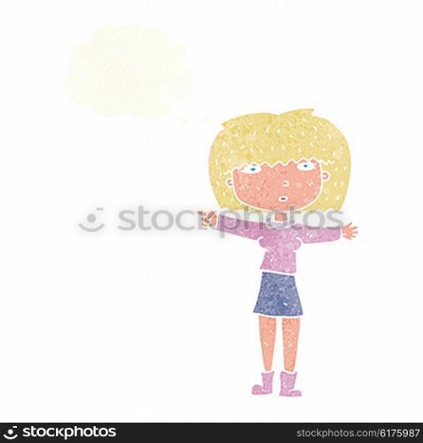 cartoon girl pointing with thought bubble