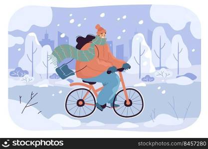 Cartoon girl riding bicycle on snowy road in city. Female cyclist on bike outside in cold weather flat vector illustration. Winter, Christmas, sports concept for banner, website design or landing page
