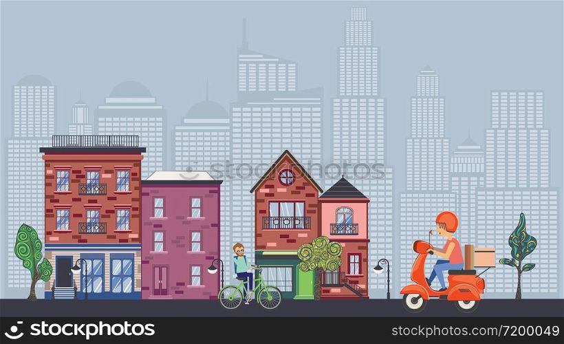 Cartoon girl riding scooter in the small town background.