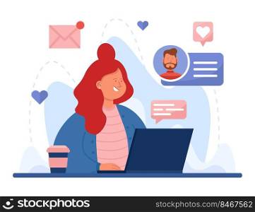Cartoon girl searching for romantic partner using laptop. Woman sitting at computer and trying to find boyfriend online. Flat vector illustration. Social network, love, relationship, service concept