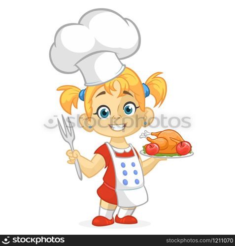 Cartoon girl serving roasted thanksgiving turkey dish. Thanksgiving design