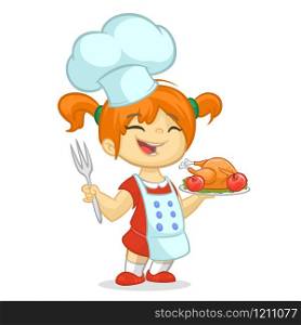 Cartoon girl serving roasted thanksgiving turkey dish. Thanksgiving design