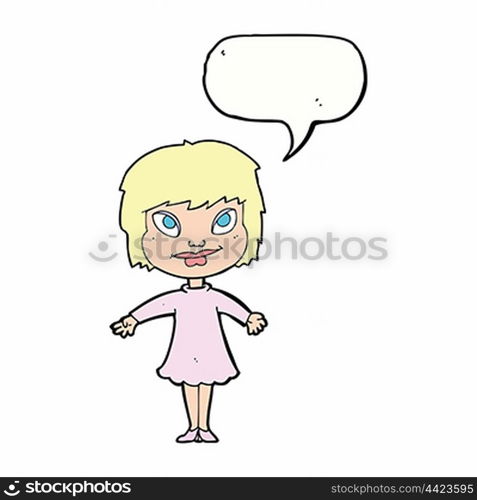 cartoon girl shrugging shoulders with speech bubble