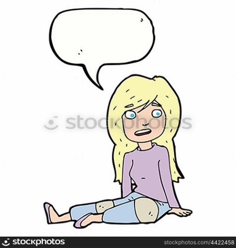 cartoon girl sitting on floor with speech bubble