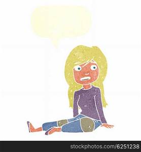 cartoon girl sitting on floor with speech bubble