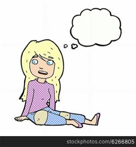 cartoon girl sitting on floor with thought bubble