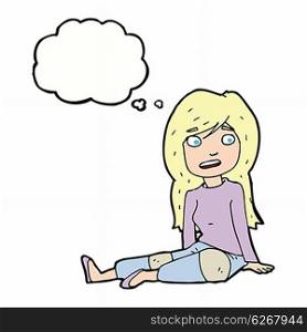 cartoon girl sitting on floor with thought bubble