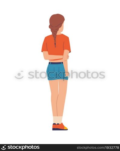 Cartoon girl standing with her back. Cute young woman in casual jeans shorts and T-shirt. Isolated alone teenager holding hands behind. Female character admiring looking forward. Vector person posing. Cartoon girl standing with her back. Young woman in casual jeans shorts and T-shirt. Isolated teenager holding hands behind. Female character admiring looking forward. Vector person posing