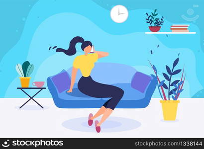 Cartoon Girl Talking Phone. Woman Sit on Sofa and Rest in Living Room. Freelancer Working at Home Having Business Call. Female Character Speaking with Relatives vie Cellphone. Vector Flat Illustration. Pretty Woman Sit on Sofa Talking Phone Cartoon