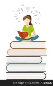 Cartoon girl teen sitting on books and read book,learning process concept,flat vector illustration. Cartoon girl teen sitting on books and read book,learning proces