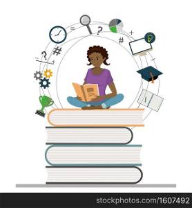 Cartoon girl teen sitting on books and read book,learning process concept,smart african american teenager with icons,flat vector illustration