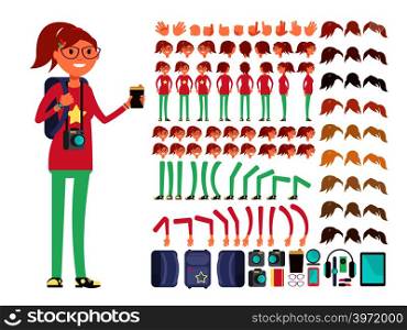 Cartoon girl teenager in casual clothes. Vector creation constuctor with big set of woman body parts. Collection of emotion woman face illustration. Cartoon girl teenager in casual clothes. Vector creation constuctor with big set of woman body parts