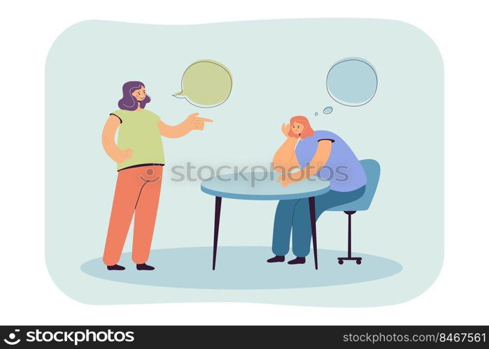 Cartoon girl thinking while talking to friend or colleague. Bored woman sitting at table, boring conversation flat vector illustration. Communication, friendship concept for banner or landing web page