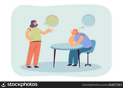 Cartoon girl thinking while talking to friend or colleague. Bored woman sitting at table, boring conversation flat vector illustration. Communication, friendship concept for banner or landing web page