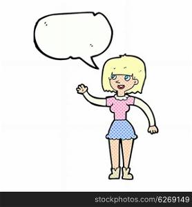 cartoon girl waving with speech bubble