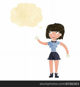 cartoon girl waving with thought bubble