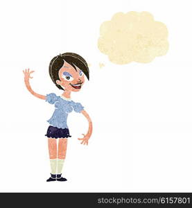 cartoon girl waving with thought bubble