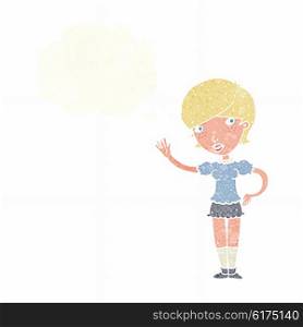 cartoon girl waving with thought bubble
