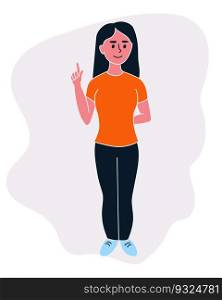 Cartoon girl with a pointing finger. Female pointing or attracting viewers attention. Bright hand drawn girl with raised index finger