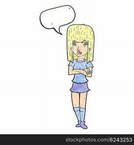 cartoon girl with crossed arms with speech bubble