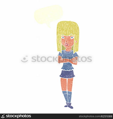 cartoon girl with crossed arms with speech bubble