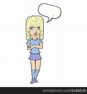 cartoon girl with crossed arms with speech bubble