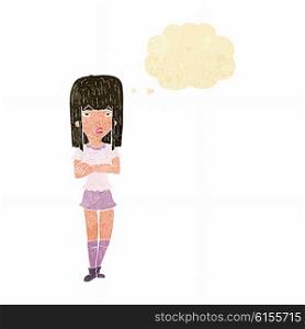 cartoon girl with crossed arms with thought bubble