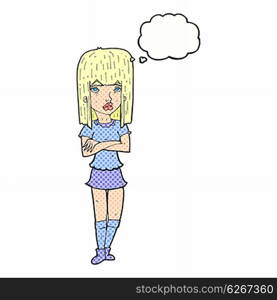 cartoon girl with crossed arms with thought bubble