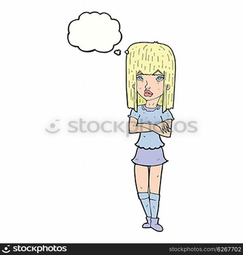 cartoon girl with crossed arms with thought bubble