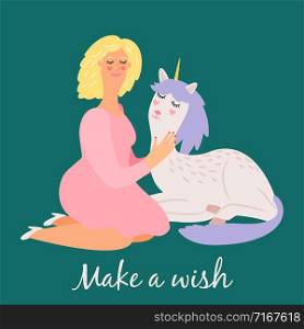 Cartoon girl with cute baby unicorn vector illustration. Horse dream with magic horn, girl with lovely animal. Cartoon girl with cute baby unicorn vector illustration