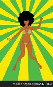 Cartoon girl with dark skin wear leopard print bikini pop art illustration.