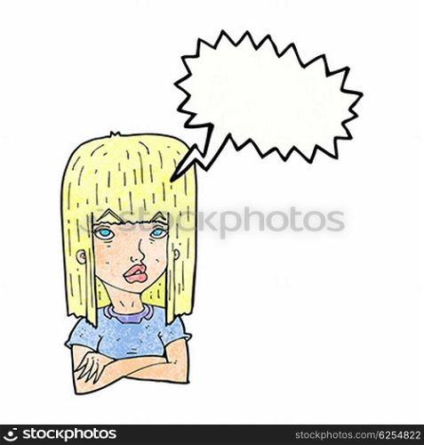 cartoon girl with folded arms with speech bubble