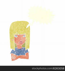 cartoon girl with folded arms with speech bubble