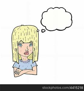 cartoon girl with folded arms with thought bubble