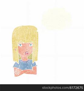 cartoon girl with folded arms with thought bubble