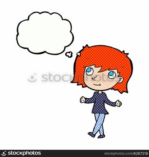 cartoon girl with no worries with thought bubble