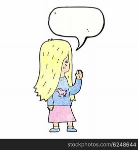 cartoon girl with pony shirt waving with speech bubble