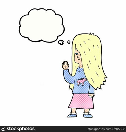 cartoon girl with pony shirt waving with thought bubble
