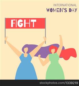 Cartoon Girls Characters Fighting for Rights and Equality, Protesting, Establishing Rules Text on Streamer Motivate Feminist Flat Card International Womens Day Concept Vector Style Illustration Banner. Cartoon Fighting Girls Motivate Feminist Flat Card