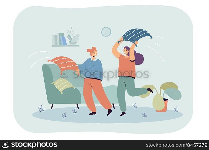 Cartoon girls fighting with pillows in living room. Flat vector illustration. Happy female characters spending time together, playing, laughing. Home party, joke, fun, friendship, feminine concept