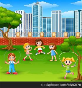 Cartoon girls playing jumping rope in the park