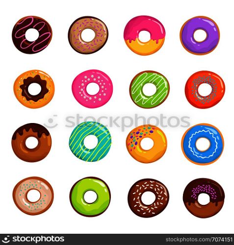 Cartoon glazed sweet donut isolated vector set. Donut dessert with chocolate and sugar illustration. Cartoon glazed sweet donut isolated vector set