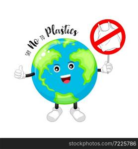 Cartoon globe character holding sign. Say no to plastic. Global warming concept. Illustration isolated on white background.