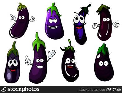 Cartoon glossy violet eggplants vegetables under caps of green stalks. Fresh harvested aubergines characters with happy faces for kids menu, vegetarian dishes recipe or interior design. Cartoon violet eggplants or aubergines vegetables