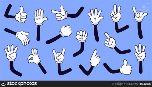 Cartoon gloved arms. Comic hands in gloves, retro doodle arms with different gestures vector isolated illustration icons set. Showing numbers, pointing with finger. Rock sign, thumb up, high five. Cartoon gloved arms. Comic hands in gloves, retro doodle arms with different gestures vector isolated illustration icons set. Funny hand drawn fingers. Sign language pack on blue background