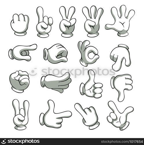 Cartoon gloved arms. Hand in glove character, motion hands. White gloves human arm characters, comic gesture hand palm and finger. Vector isolated icons illustration collection. Cartoon gloved arms. Hand in glove character, motion hands. Vector isolated illustration collection