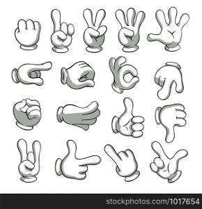 Cartoon gloved arms. Hand in glove character, motion hands. White gloves human arm characters, comic gesture hand palm and finger. Vector isolated icons illustration collection. Cartoon gloved arms. Hand in glove character, motion hands. Vector isolated illustration collection